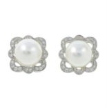 A pair of 18ct gold cultured pearl and diamond cluster earrings.