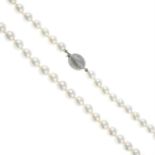 A cultured pearl necklace, with a 18ct gold diamond-set clasp.