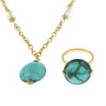 A 9ct gold glass necklace and matching 9ct gold ring.