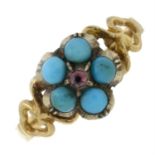 A late Victorian gold turquoise and garnet forget-me-not ring.