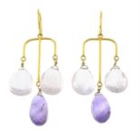 A pair of amethyst and rose quartz drop earrings.