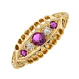 An early 20th century 18ct gold ruby and old-cut diamond five stone ring.