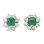 A pair of 18ct gold emerald and diamond cluster earrings.