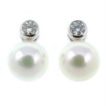 A pair of 18ct gold briliant-cut diamond and cultured pearl earrings.