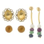 Two pairs of citrine stud earrings and a pair of gem bead drop earrings.