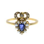 An early 20th century sapphire, split pearl and diamond dress ring.