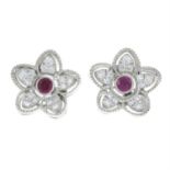 A pair of 18ct gold ruby and diamond floral cluster earrings.