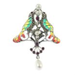 A ruby, marcasite and cultured pearl, plique-a-jour brooch of two birds.