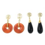 Three pairs of gem-set drop earrings.