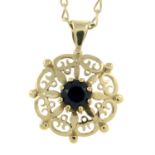 A 9ct gold sapphire pendant, with 9ct gold chain.