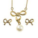 A 9ct gold bow necklace with a suspended cultured pearl with a pair of 9ct gold bow stud earrings.