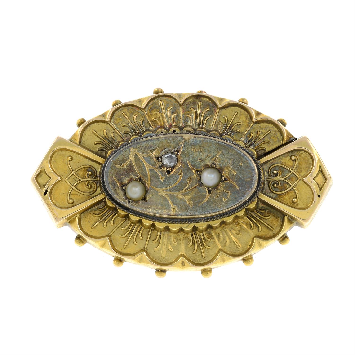 A late 19th century gold split pearl and diamond memorial brooch, with hair to the reverse,