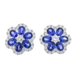 A pair of 18ct gold sapphire and diamond floral cluster earrings.
