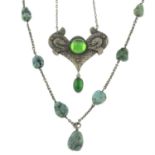 An Arts & Crafts green glass necklace and a turquoise necklace.