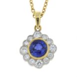 An 18ct gold sapphire and diamond cluster pendant, with chain.
