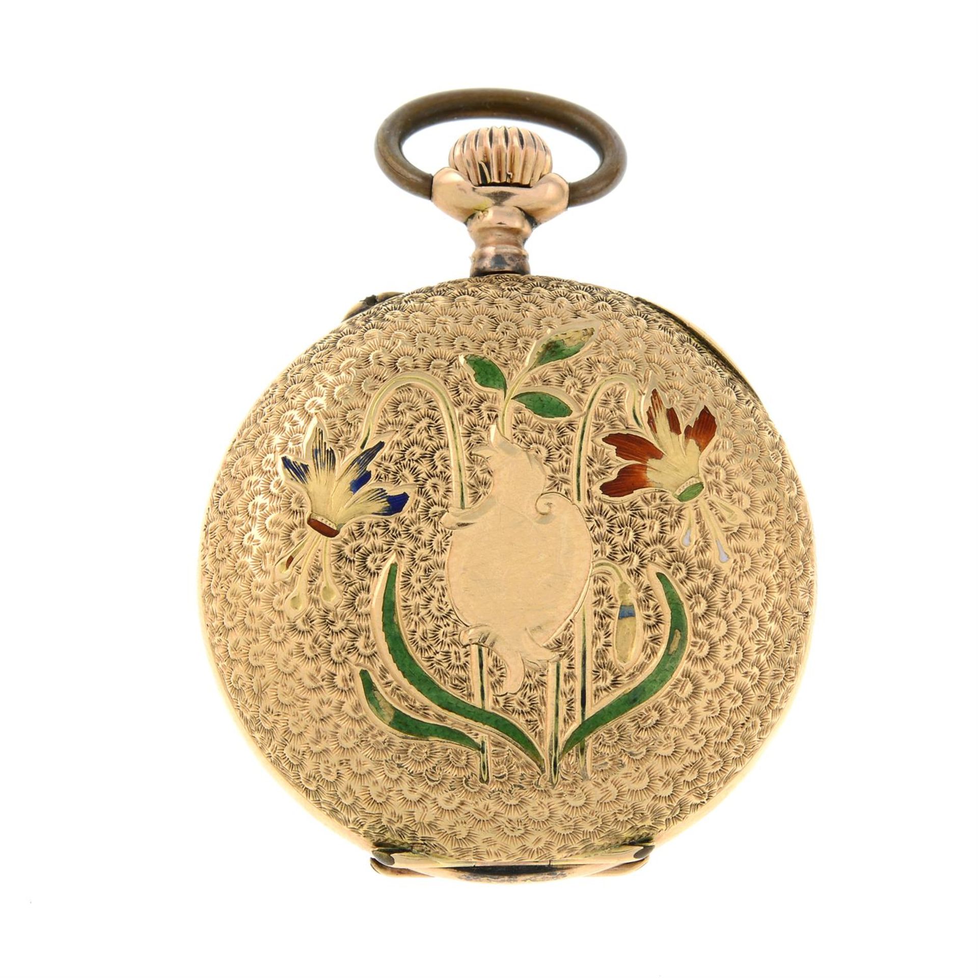 A 14ct gold Lady's pocket watch, with floral enamel reverse.