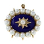 A 9ct gold blue enamel and cultured pearl clasp.