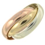 A 9ct gold tri-colour band ring.