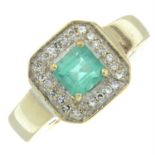 A 14ct gold emerald and diamond square-shape cluster ring.