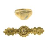 An early 20th century 15ct gold diamond accent brooch and a 9ct gold diamond accent signet ring.