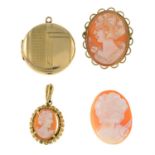 A 9ct gold cameo pendant, a cameo brooch, a loose cameo and a locket.
