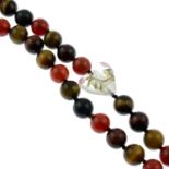 A grooved cuff bangle, a tiger's-eye bead necklace, a black glass necklace and a cultured pearl