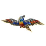 An early 20th century 18ct gold enamel and rose-cut diamond parrot brooch.