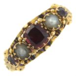 A late Victorian 18ct gold garnet and split pearl five-stone ring.