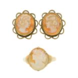 A 9ct gold shell cameo ring and stud earrings.