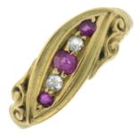 An early 20th century 18ct gold ruby and diamond five-stone ring.
