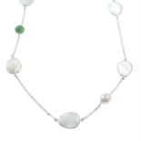 A moonstone and green quartz necklace, together with a pair of cultured pearl and jade drop
