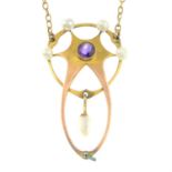 An early 20th century Art Nouveau 9ct gold amethyst and seed pearl necklace.