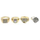 (26639) Three 9ct gold diamond rings and a 9ct gold sapphire and diamond ring.