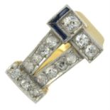 A mid 20th century diamond and sapphire dress ring.