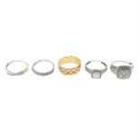 (25920) Five 9ct gold rings, three set with diamonds.