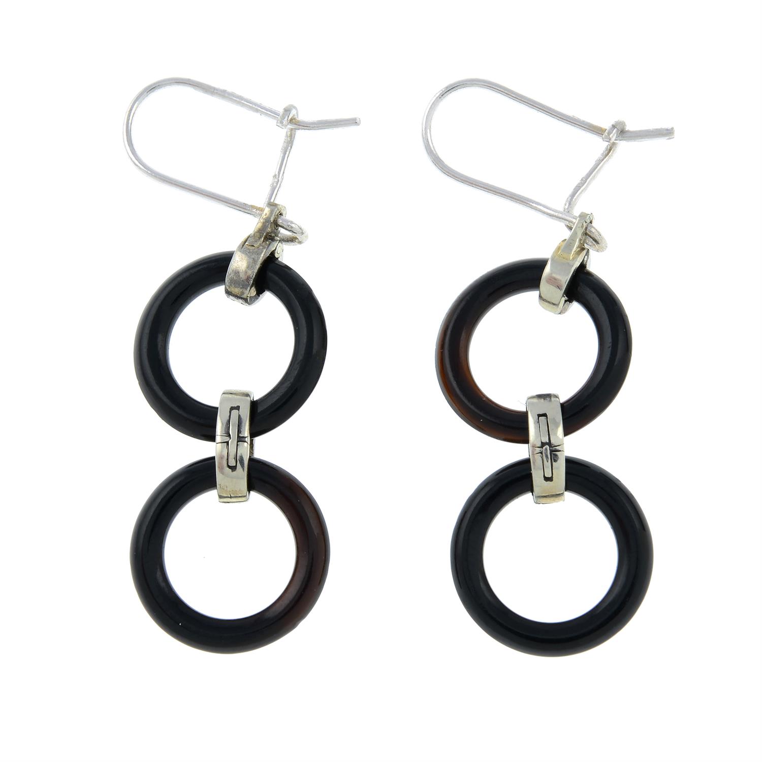 A pair of onyx and diamond drop earrings. - Image 2 of 2