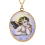 An enamel pendant, suspended from a chain.