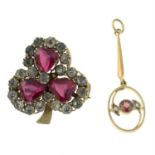 An early 20th century garnet and split pearl pendant, a paste brooch, a turquoise stickpin and a