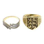 (26121) A 9ct gold signet ring, a 9ct gold diamond ring.