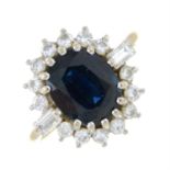 An 18ct gold sapphire and vari-shape diamond cluster ring.