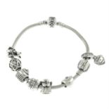 Three charm bracelets and eleven charms, by Pandora.