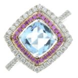 An 18ct gold aquamarine, pink sapphire and diamond ring.
