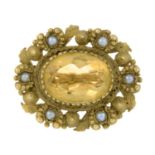 A 9ct gold citrine and cultured split pearl brooch.