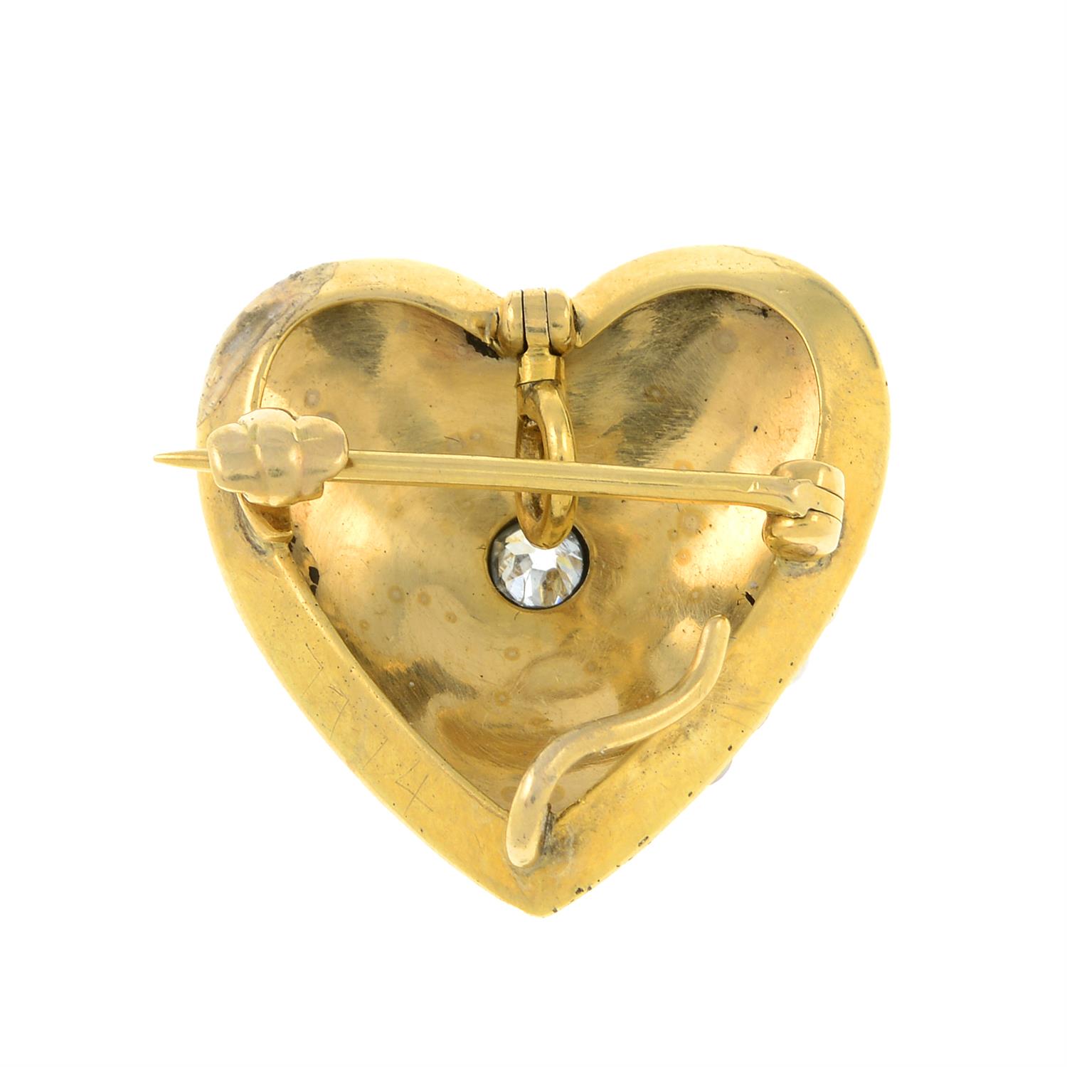 An early 20th century gold old-cut diamond and split pearl heart brooch. - Image 2 of 2