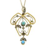 A 9ct gold early 20th century turquoise and split pearl pendant, with chain.