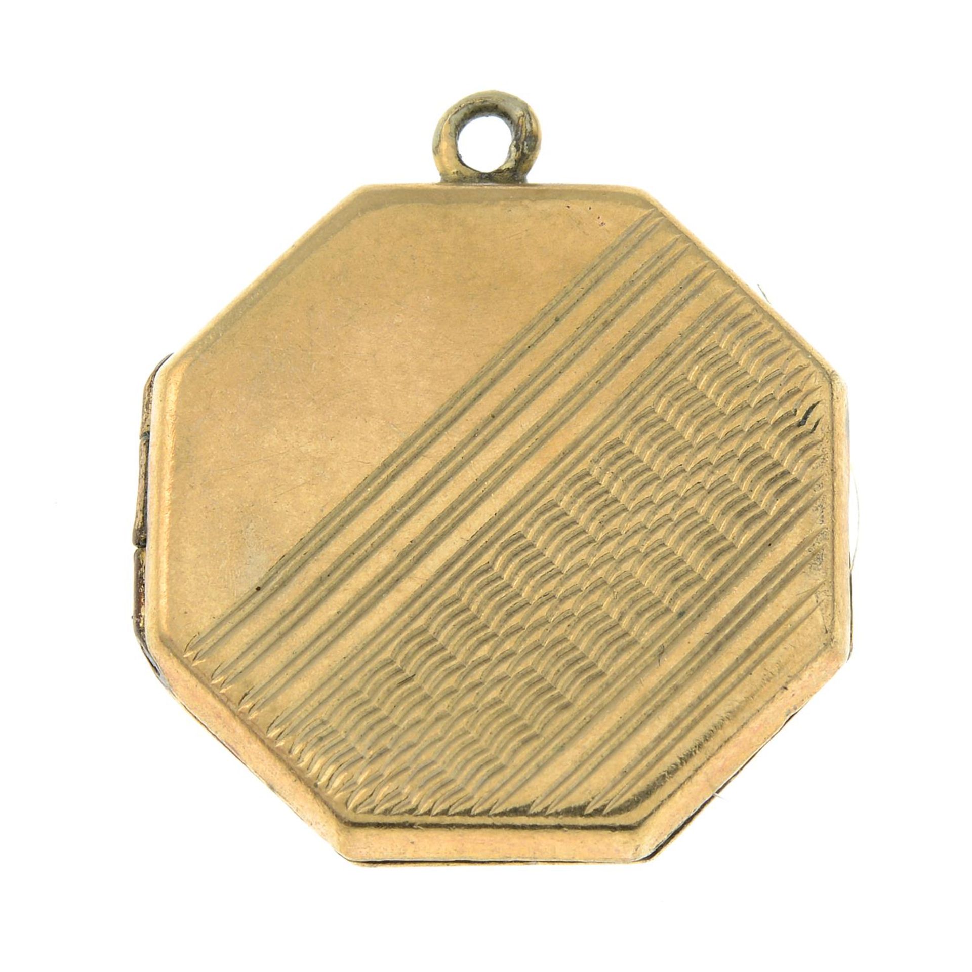 An engraved octagonal-shaped locket, with a 9ct gold chain necklace.