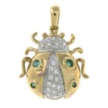A 9ct gold emerald and brilliant-cut diamond ladybird pendant.