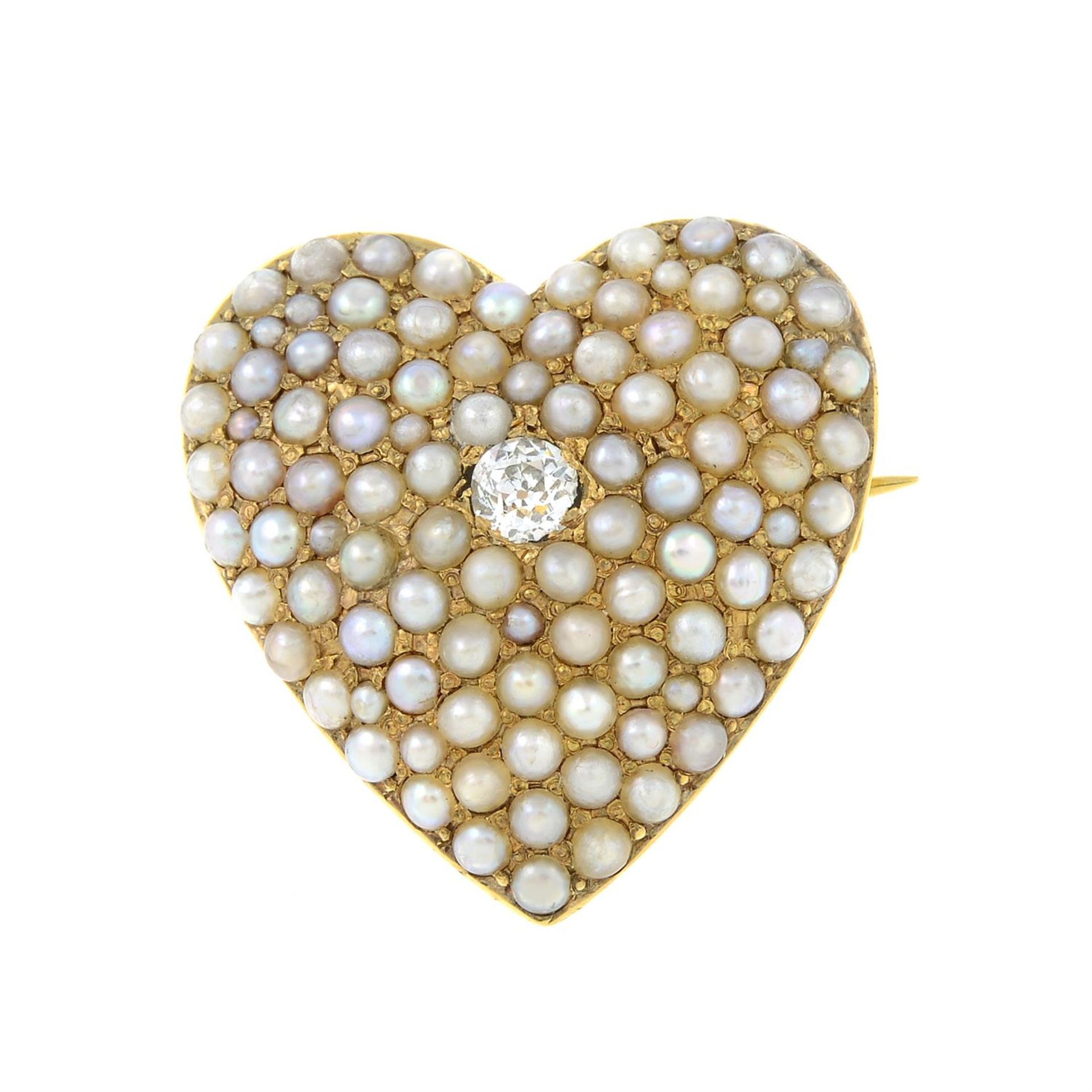 An early 20th century gold old-cut diamond and split pearl heart brooch.