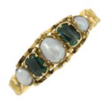 A late Victorian 15ct gold emerald and split pearl ring.