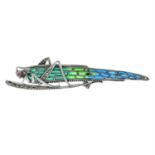 A ruby and marcasite plique-a-jour brooch of a grasshopper.